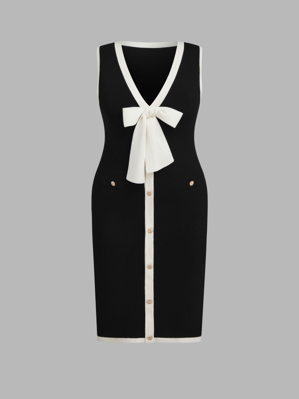 Knit V-neck Contrasting Binding Bowknot Midi Dress Curve & Plus