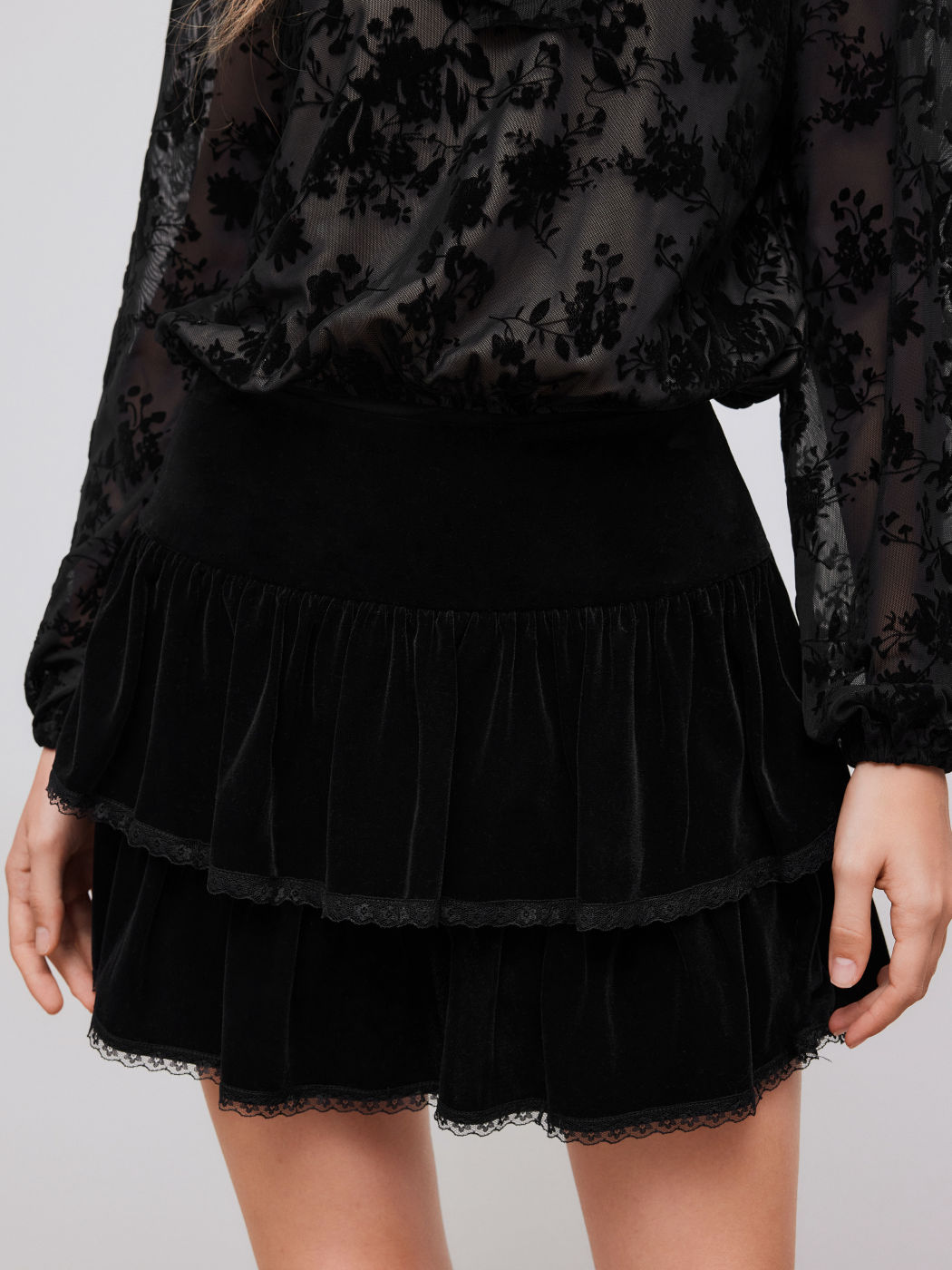 Velvet Mid Rise Lace Ruffle Layered Mini Skirt