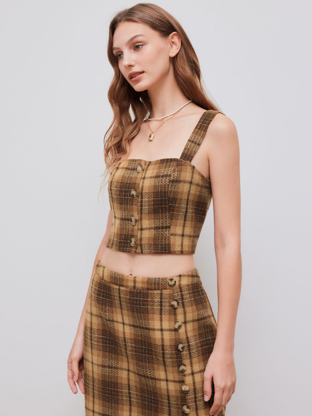Wool-look Square Neck Checks Crop Tank Top