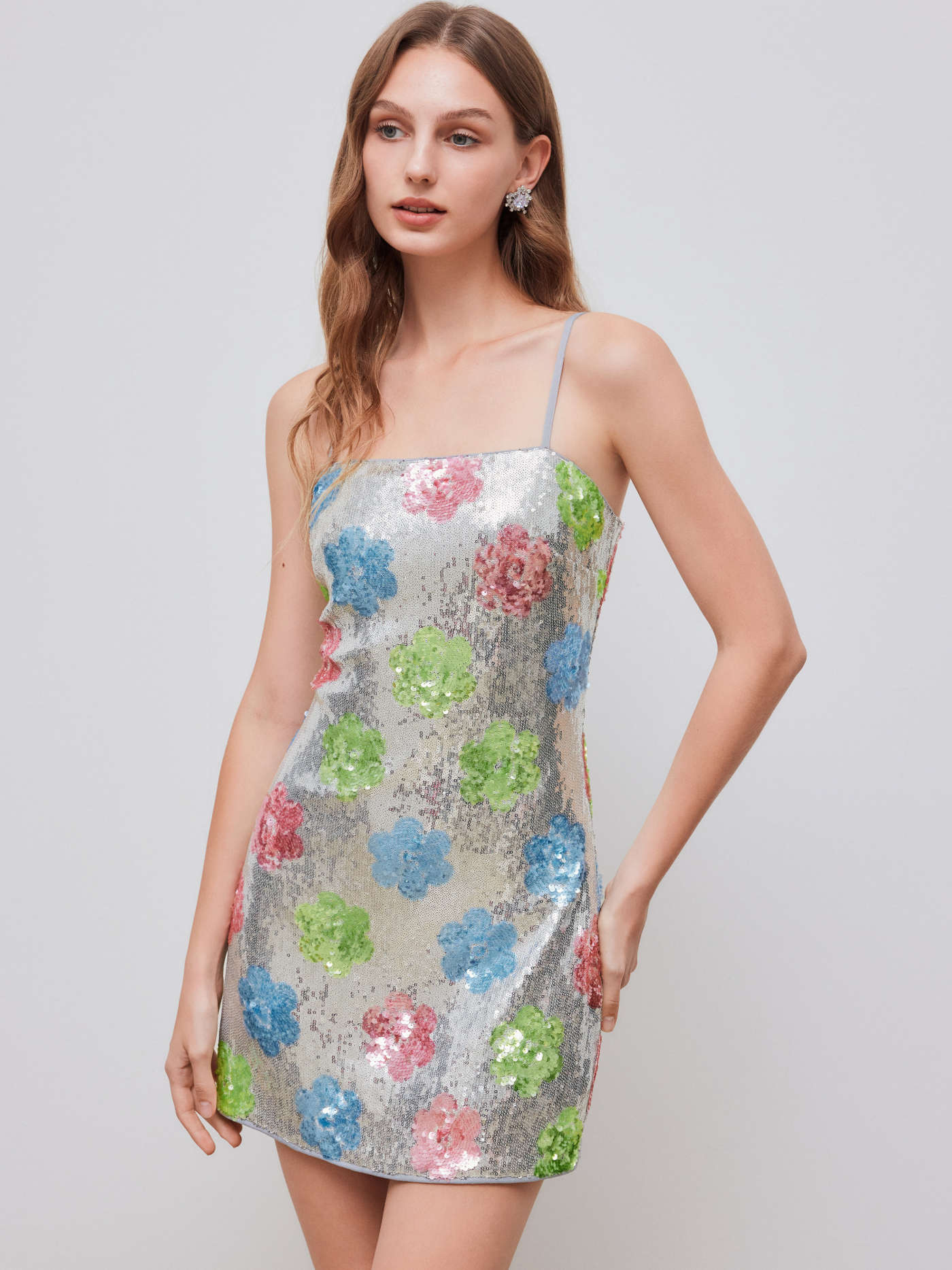 Sequin Square Neck Floral Mini Dress