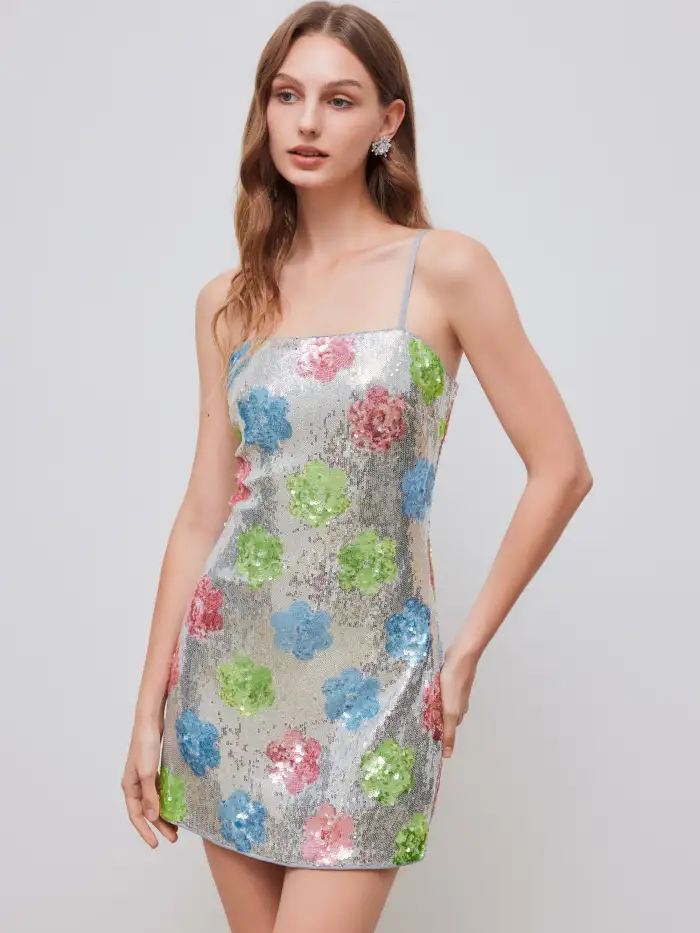 Party Dress For Party New Years Holiday Dress Sequins Sequin Square Neck  Floral Mini Dress For Party/Clubbing