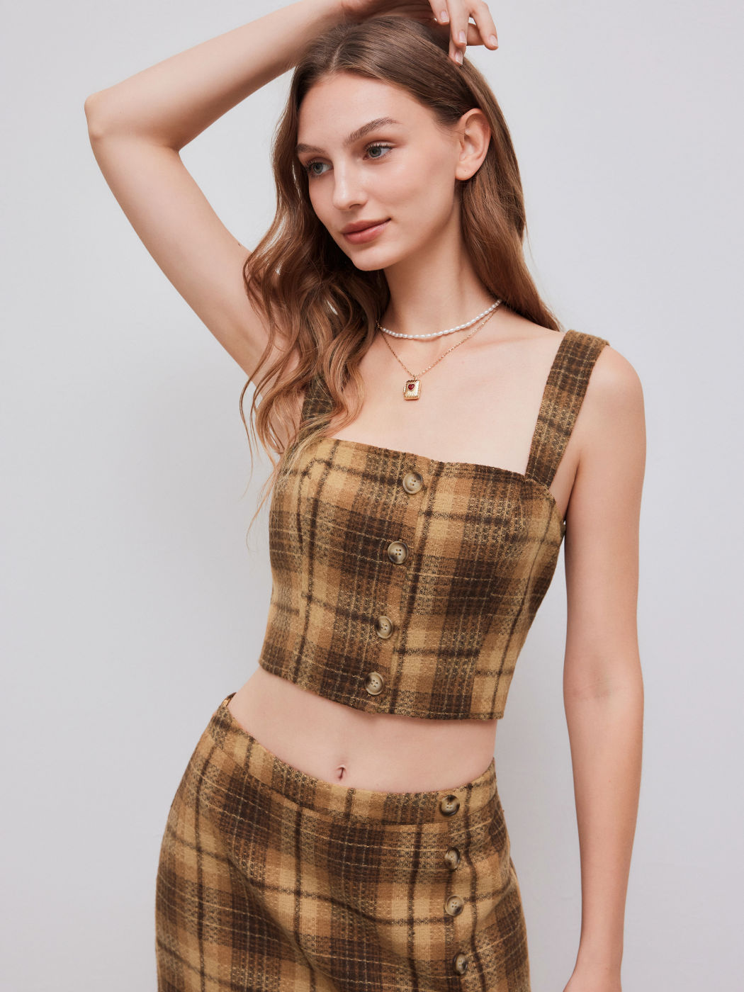Wool-look Square Neck Checks Crop Tank Top
