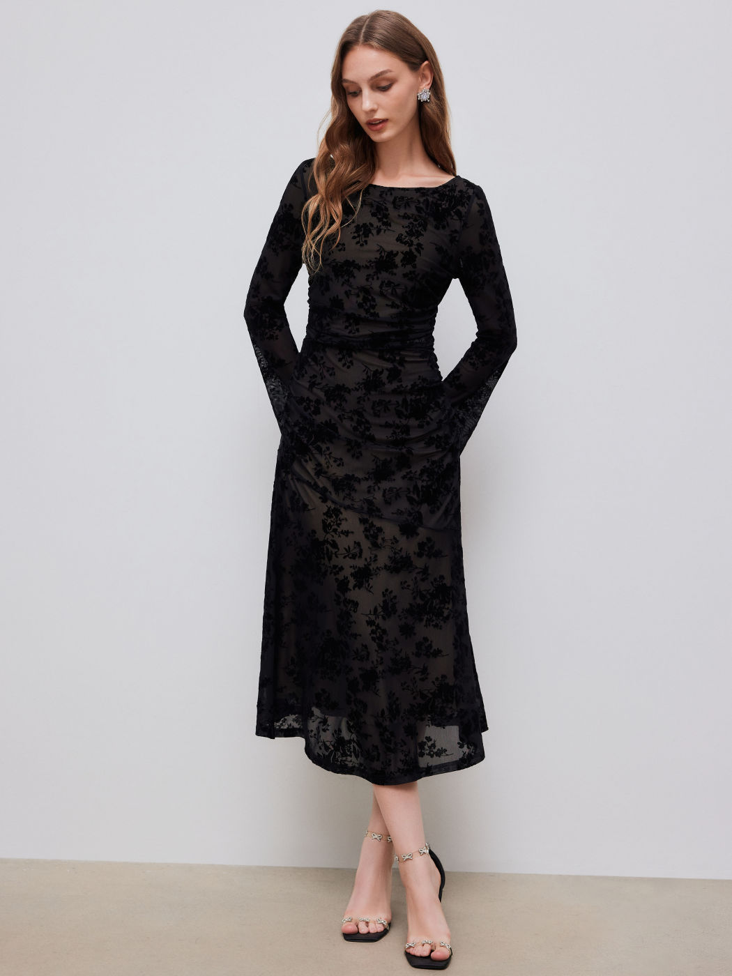 Mesh Boat Neck Floral Ruched Long Sleeve Maxi Dress