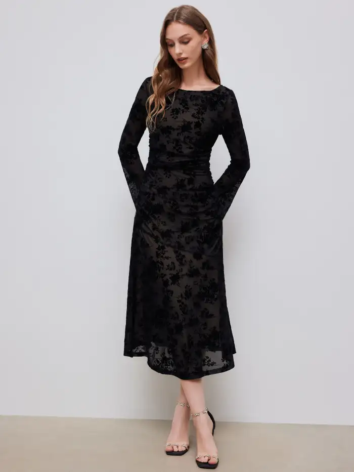 Knit Fabric Boat Neck Ruched Bell Sleeve Maxi Dress For Work