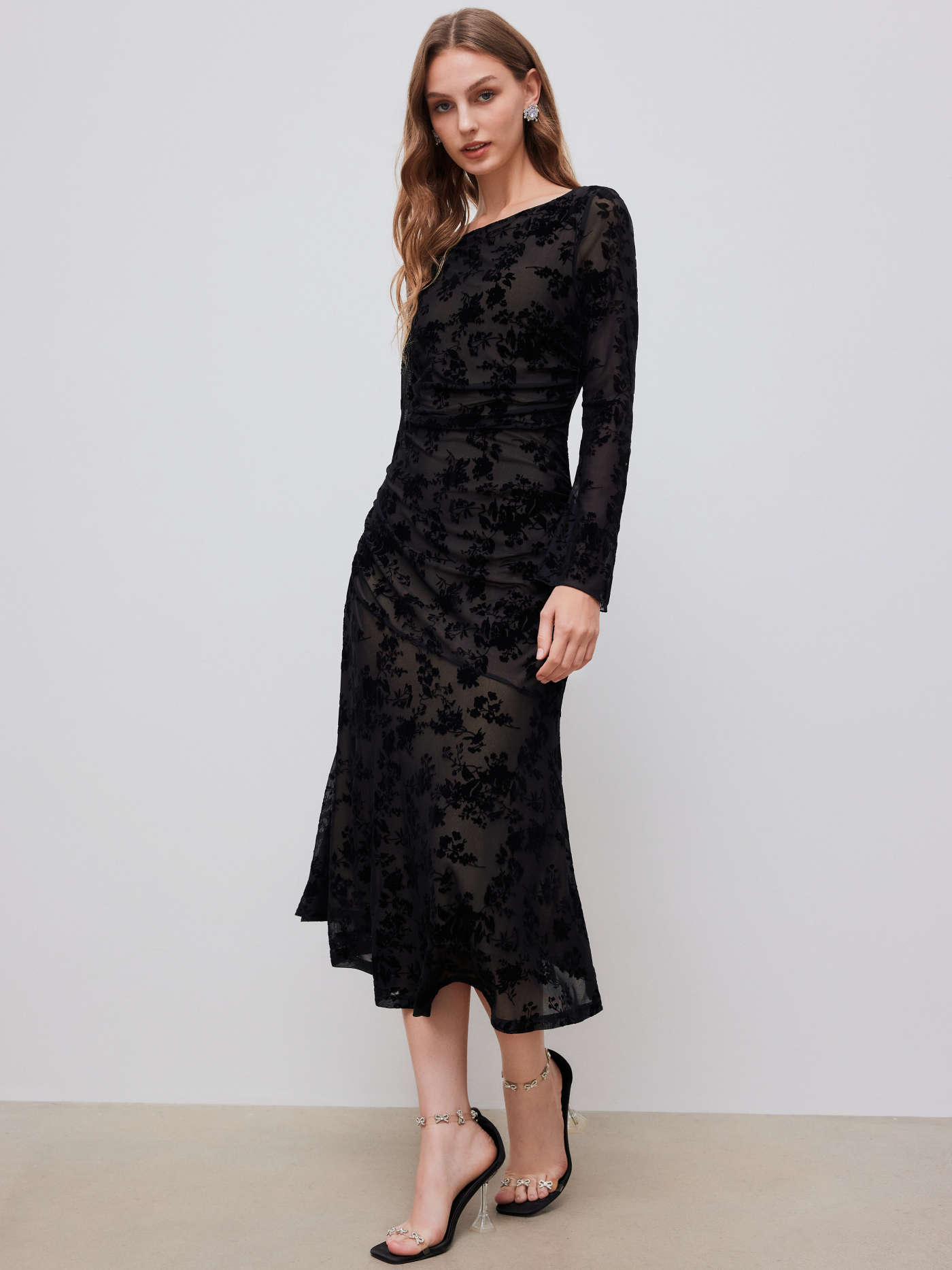 Mesh Mesh Boat Neck Floral Ruched Long Sleeve Maxi Dress For Date