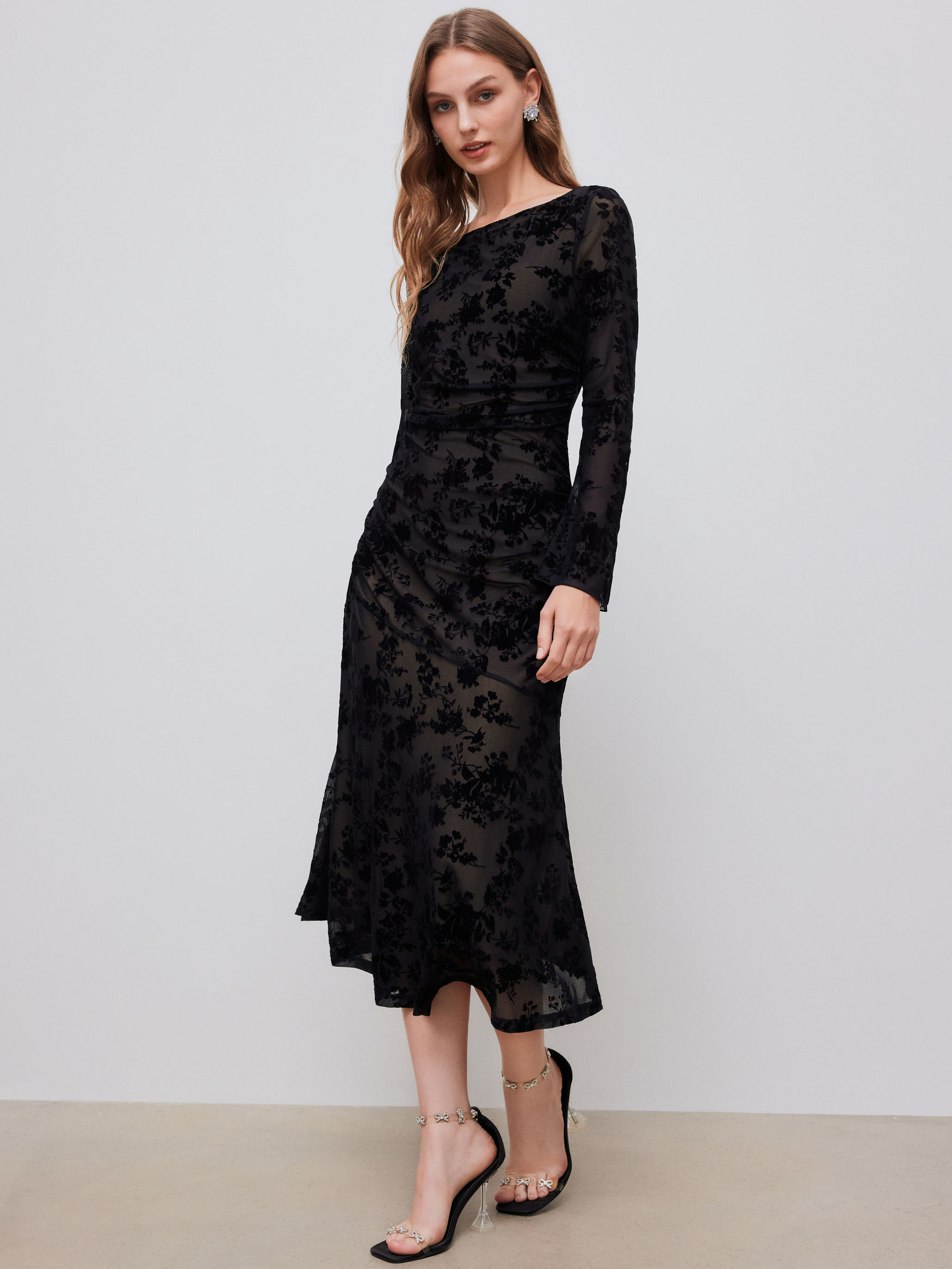 Mesh Boat Neck Floral Ruched Long Sleeve Maxi Dress