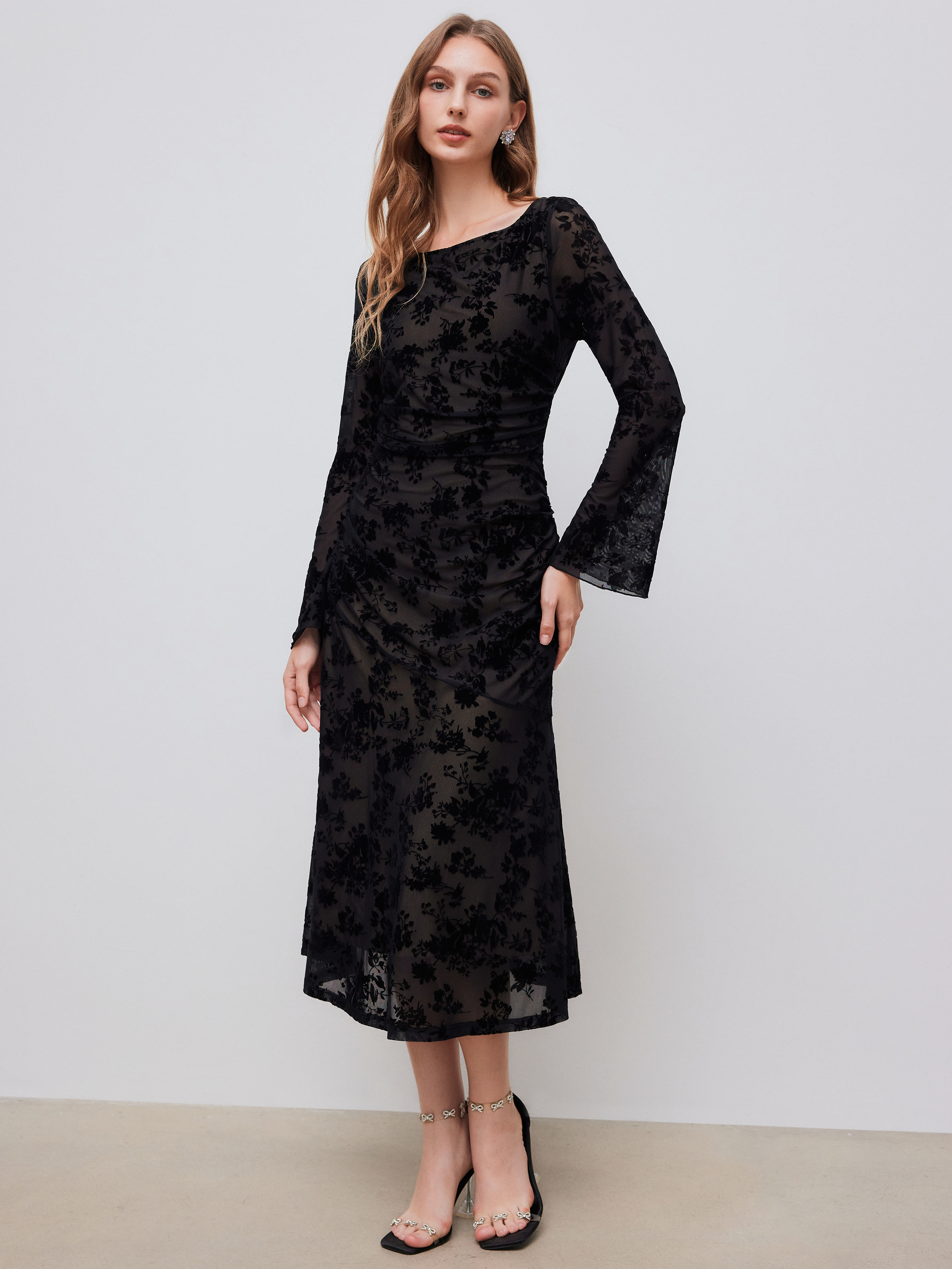 Mesh Boat Neck Floral Ruched Long Sleeve Maxi Dress