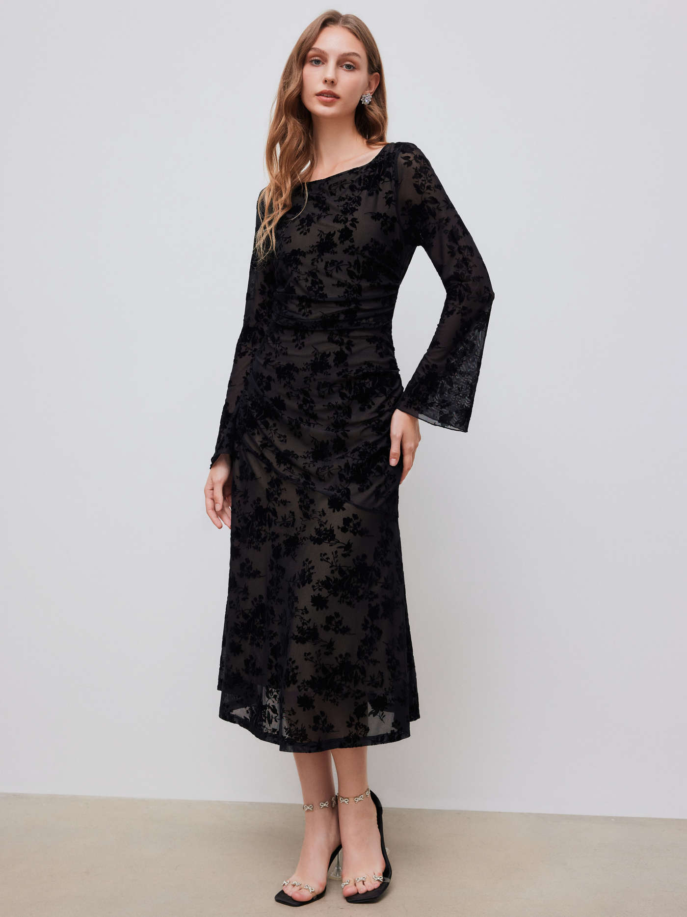 Mesh Mesh Boat Neck Floral Ruched Long Sleeve Maxi Dress For Date