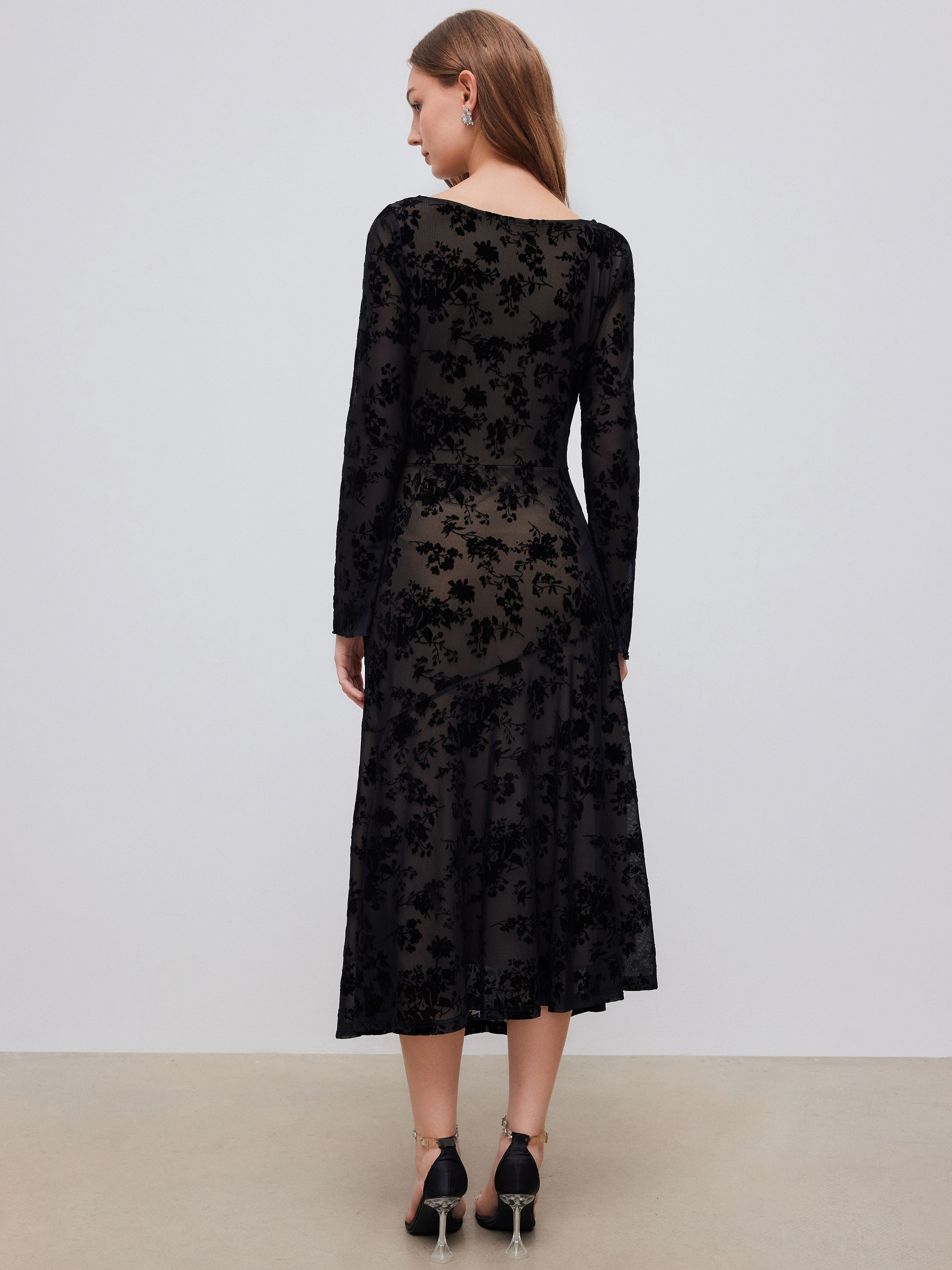 Mesh Boat Neck Floral Ruched Long Sleeve Maxi Dress