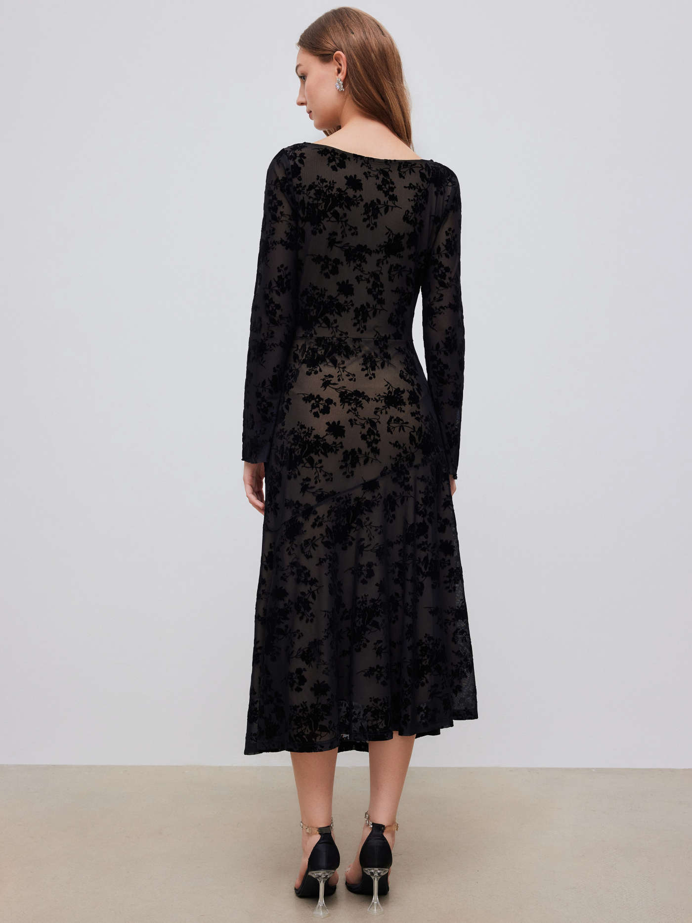 Mesh Mesh Boat Neck Floral Ruched Long Sleeve Maxi Dress For Date
