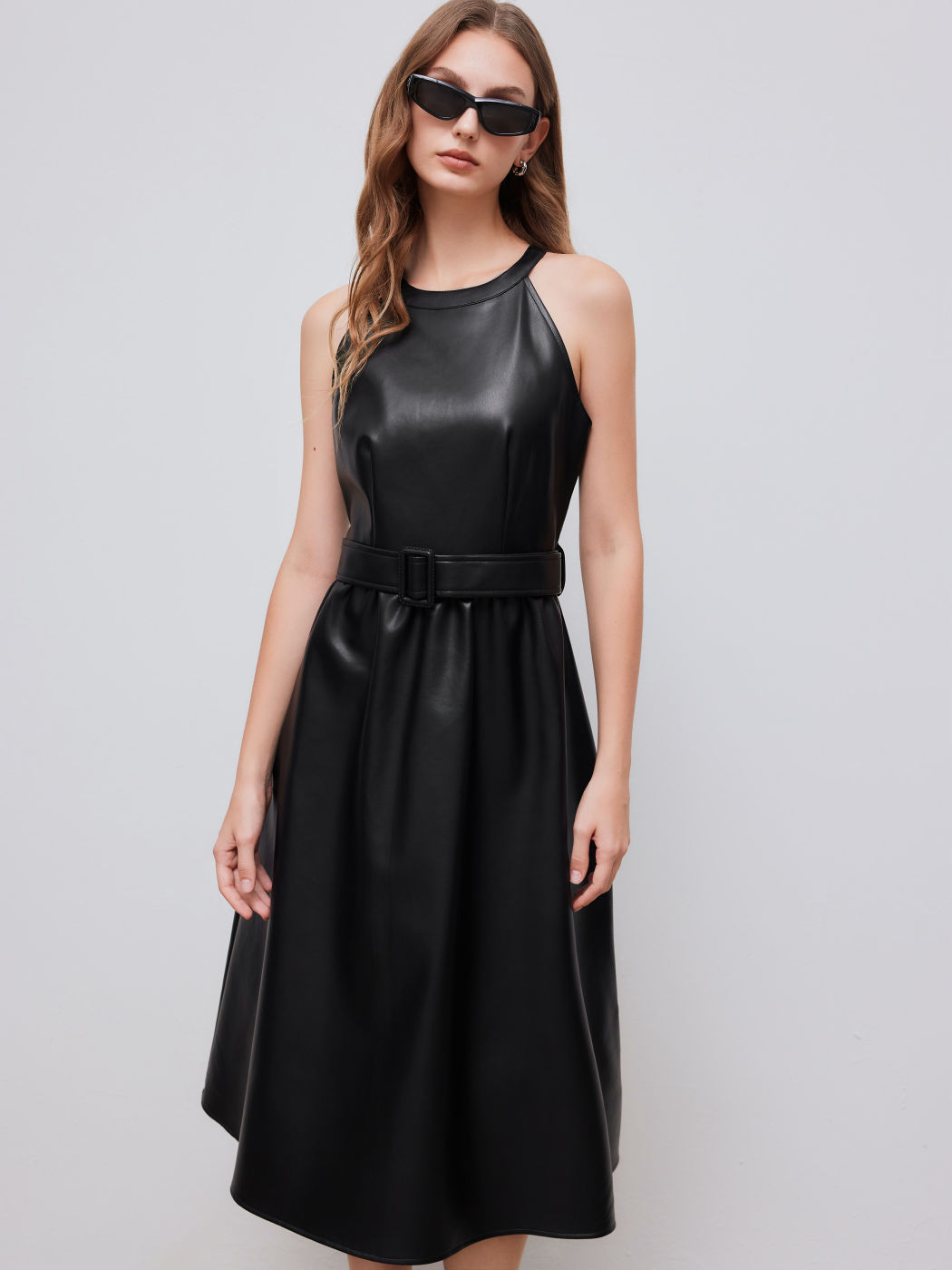 Faux Leather Halter Neckline Cut Out Midi Dress With Belt