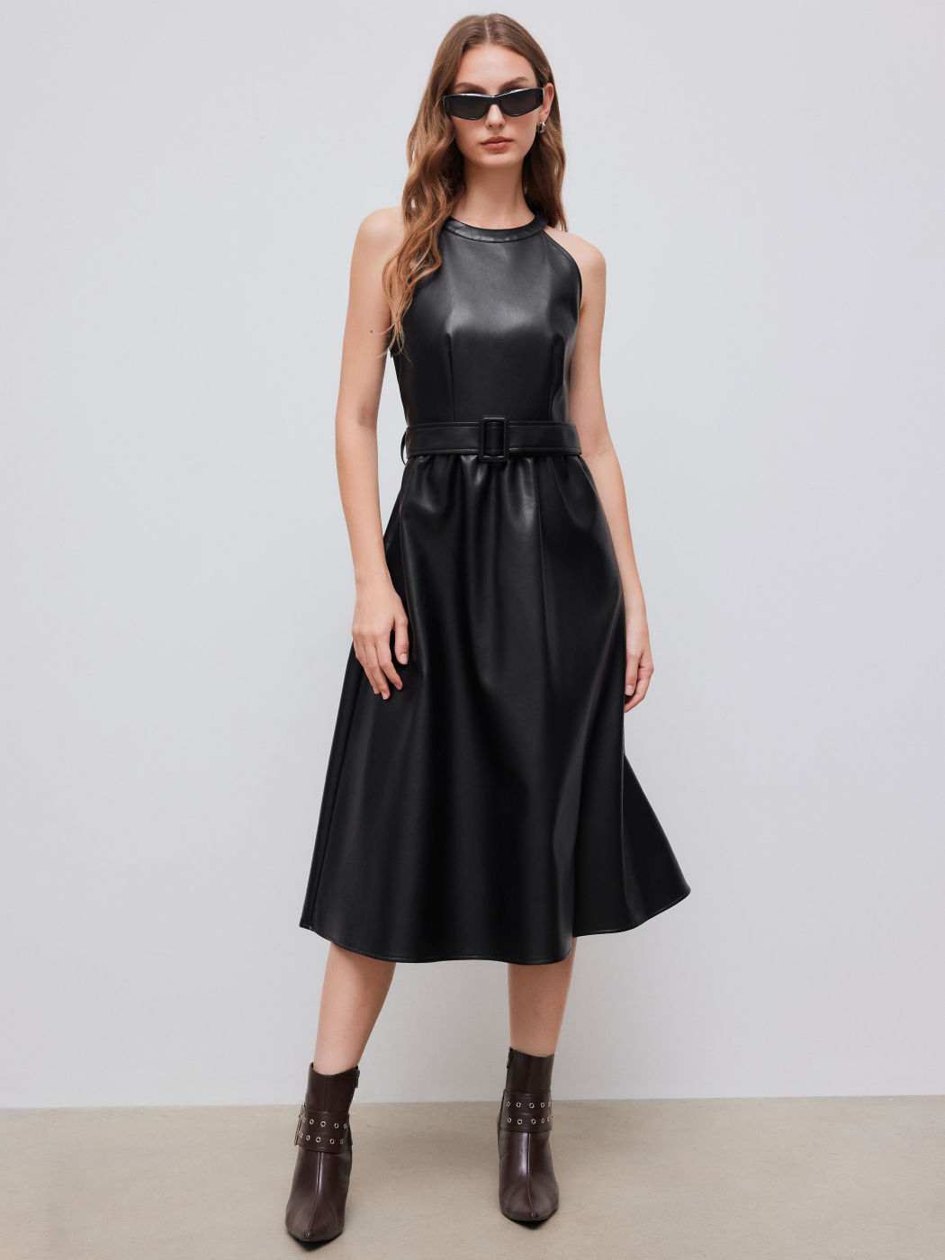 Faux Leather Halter Neckline Cut Out Midi Dress With Belt