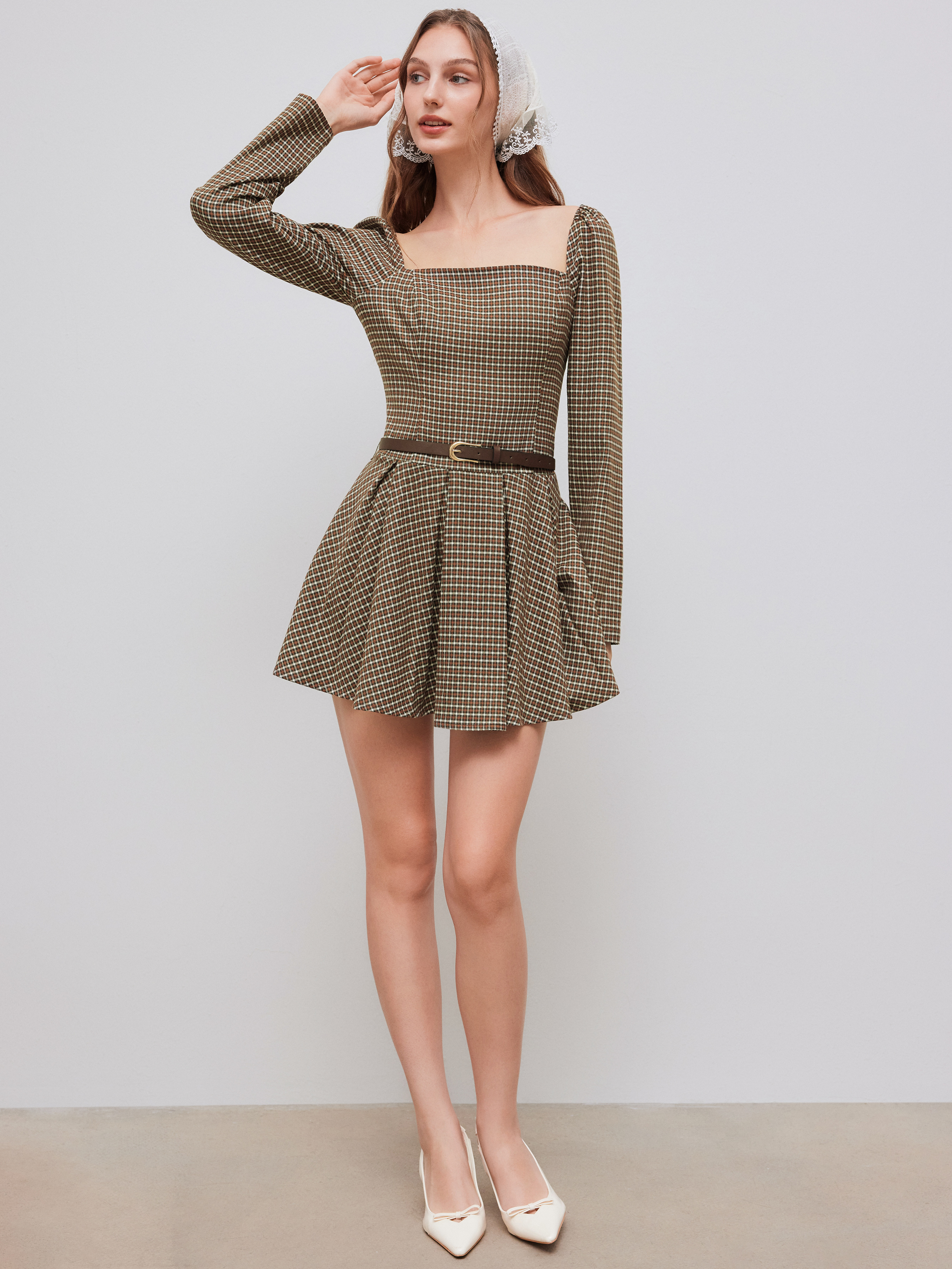 Square Neck Checks Pleated Mini Dress With Belt
