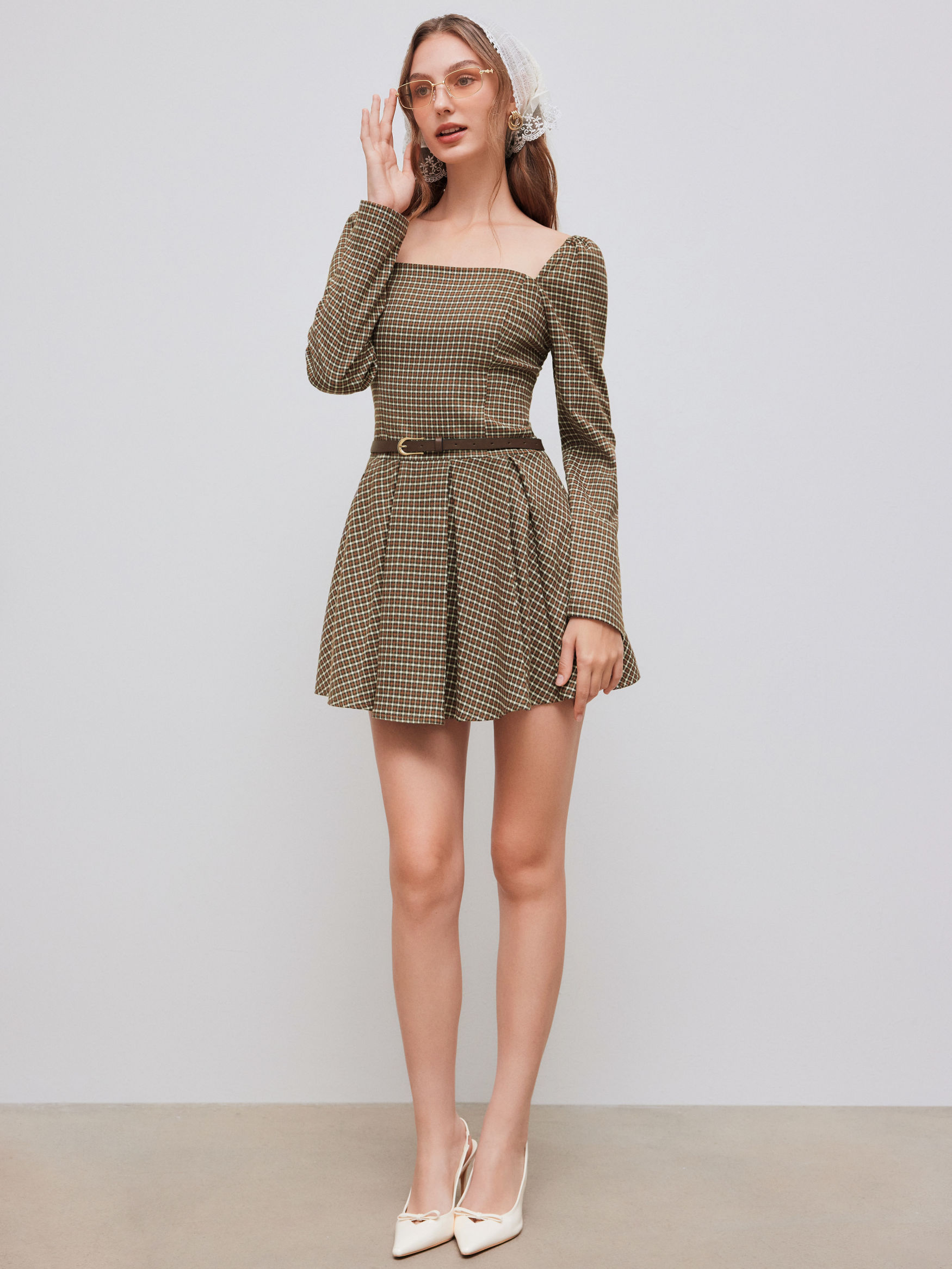 Square Neck Checks Pleated Mini Dress With Belt