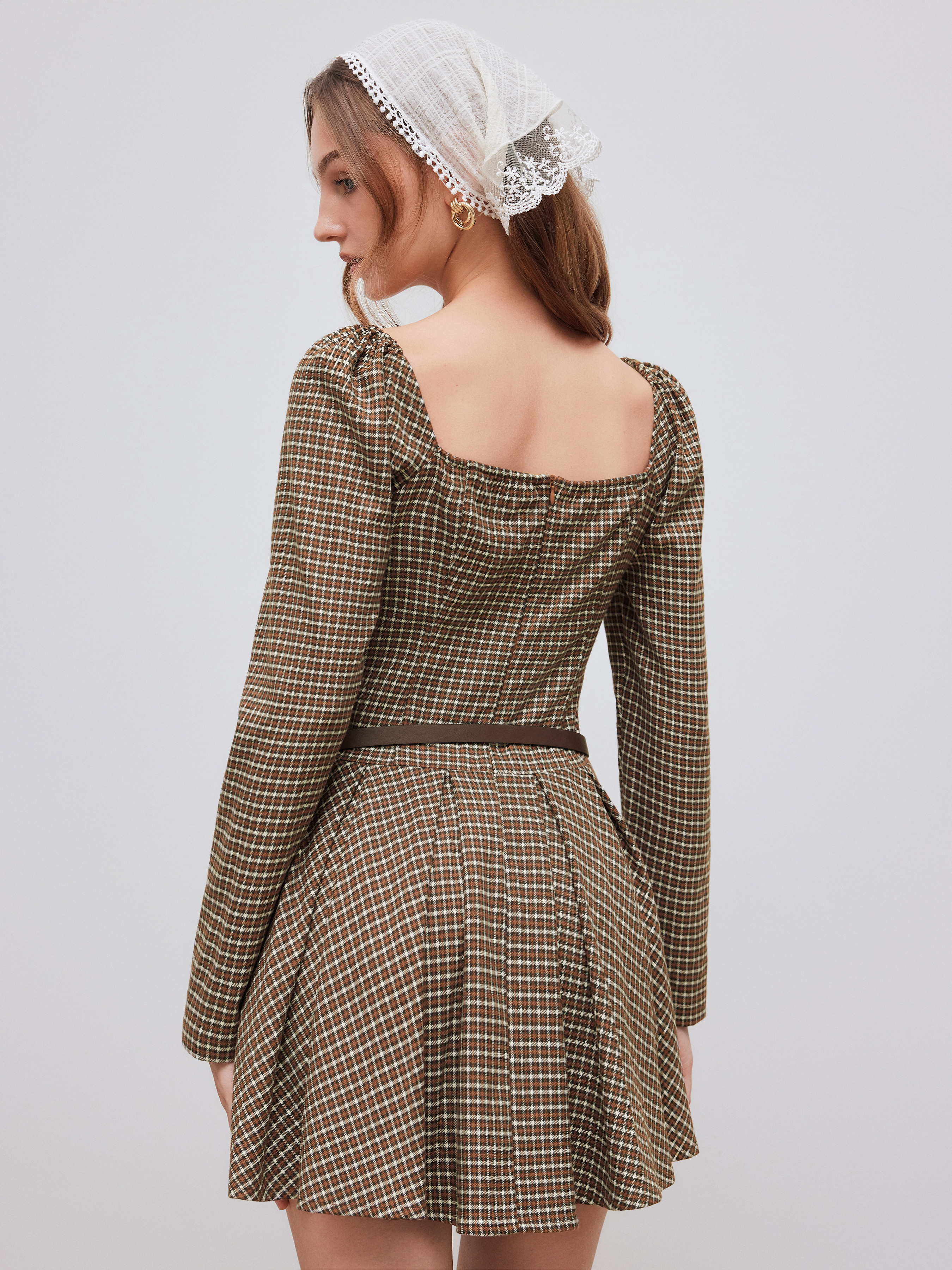 Square Neck Checks Pleated Mini Dress With Belt