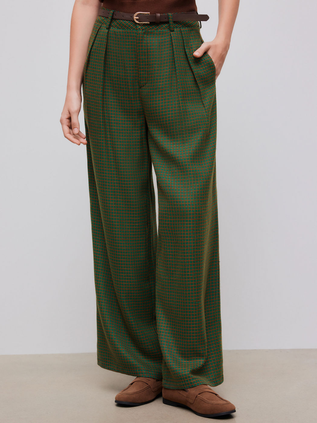 Mid Rise Houndstooth Pocket Wide Leg Trousers With Belt