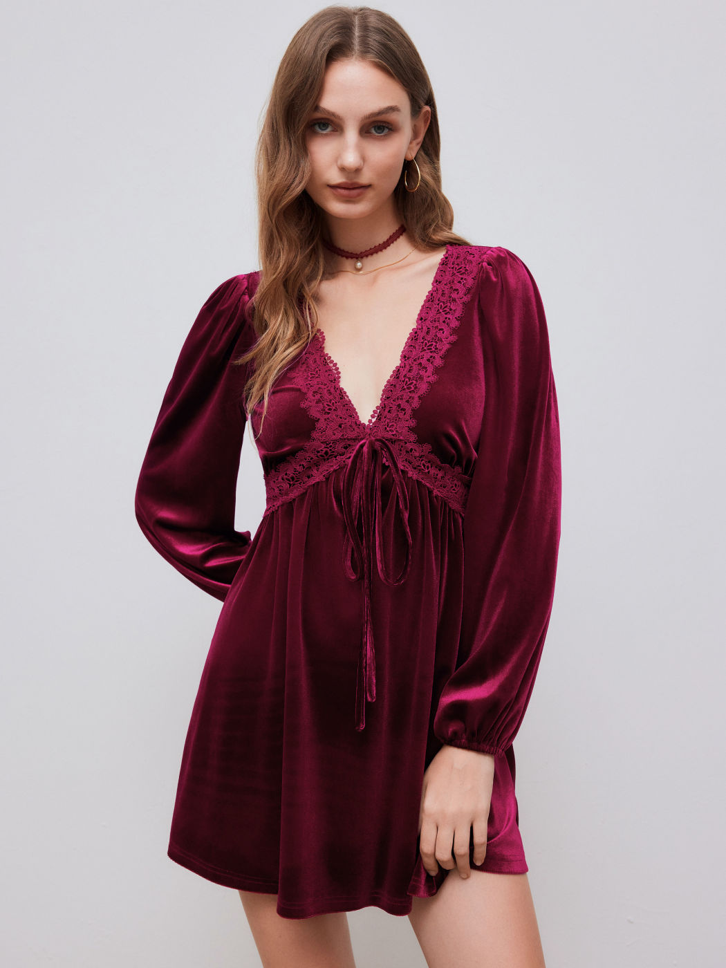 Velvet V-neck Knotted Lace Ruffle Mini Dress
