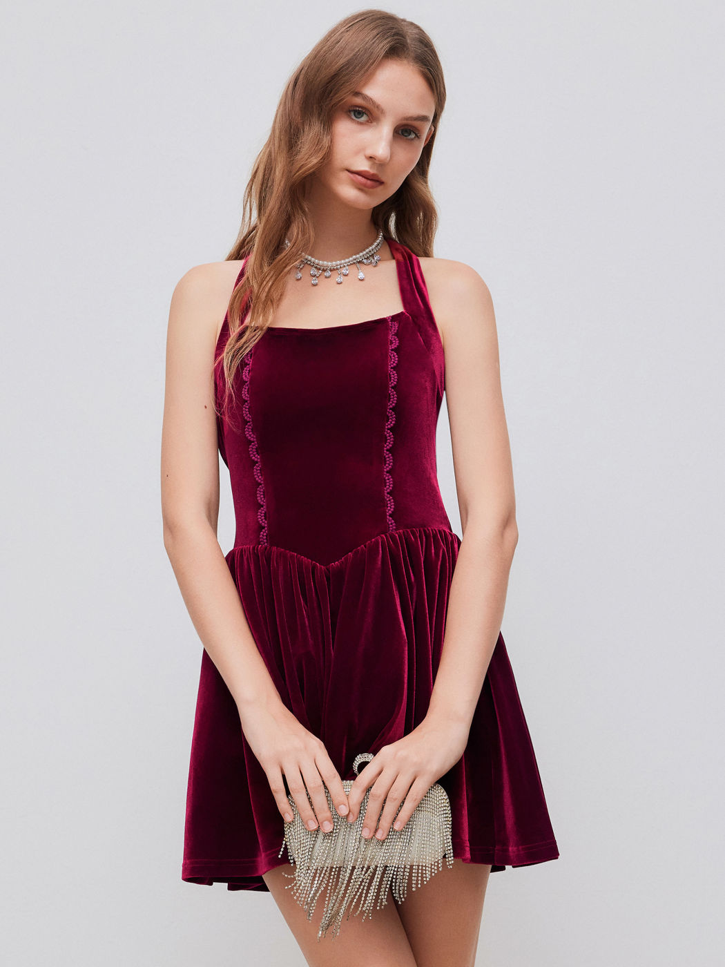 Samt Rüschen Minikleid mit Neckholder