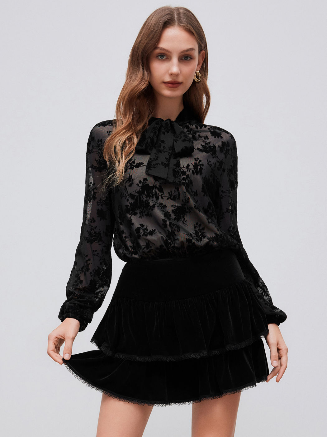 Lace Stand Collar Floral Knotted Shirt Bodysuit