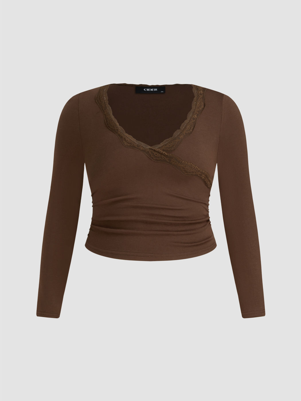 V-neck Solid Lace Trim Ruched Long Sleeve Top Curve & Plus