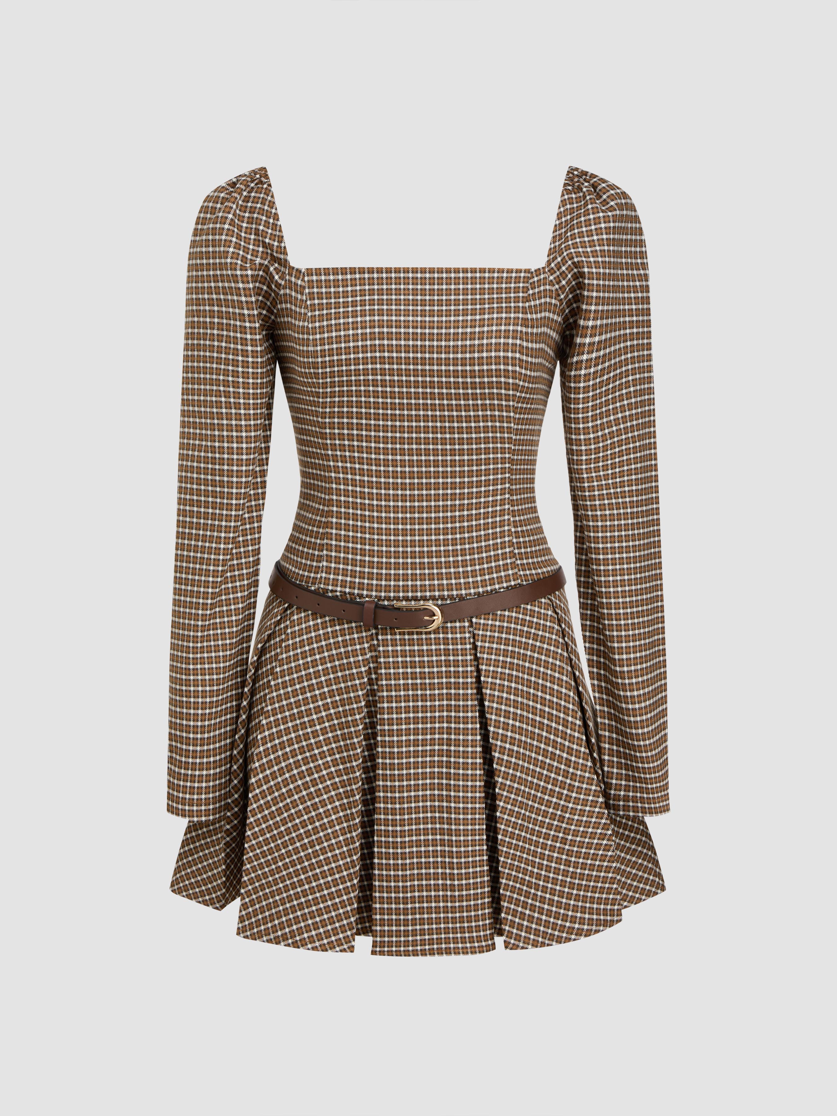 Square Neck Checks Pleated Mini Dress With Belt
