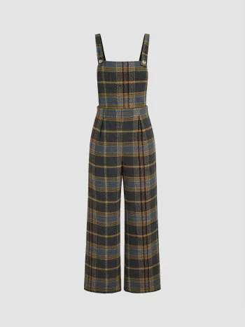 Tweed Plaid Button Up Wide Leg Jumpsuit