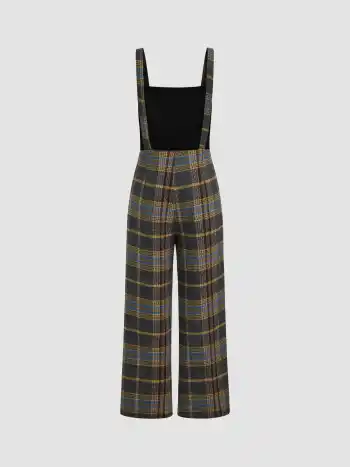 Tweed Plaid Button Up Wide Leg Jumpsuit