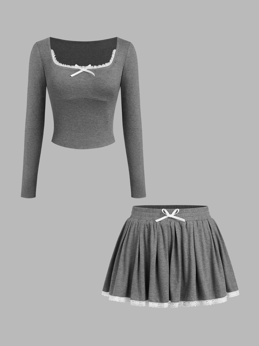 U-neckline Bow Cropped Top & High Rise Lace Trim Pleated Mini Skirt Set