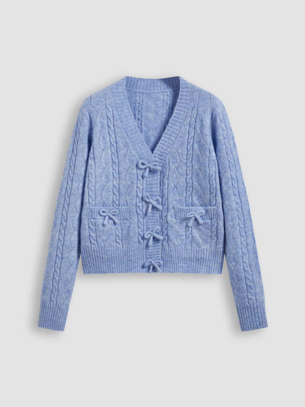 Cable Knit Wool-blend V-neck Bowknot Cardigan