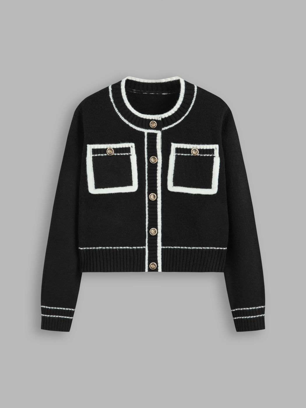 Knit Round Neckline Contrasting Binding Cardigan