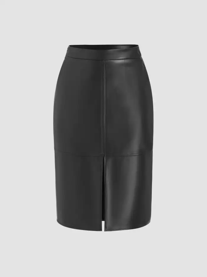 Faux Leather Faux Leather Mid Rise Split Pocket Mini Skirt For Work
