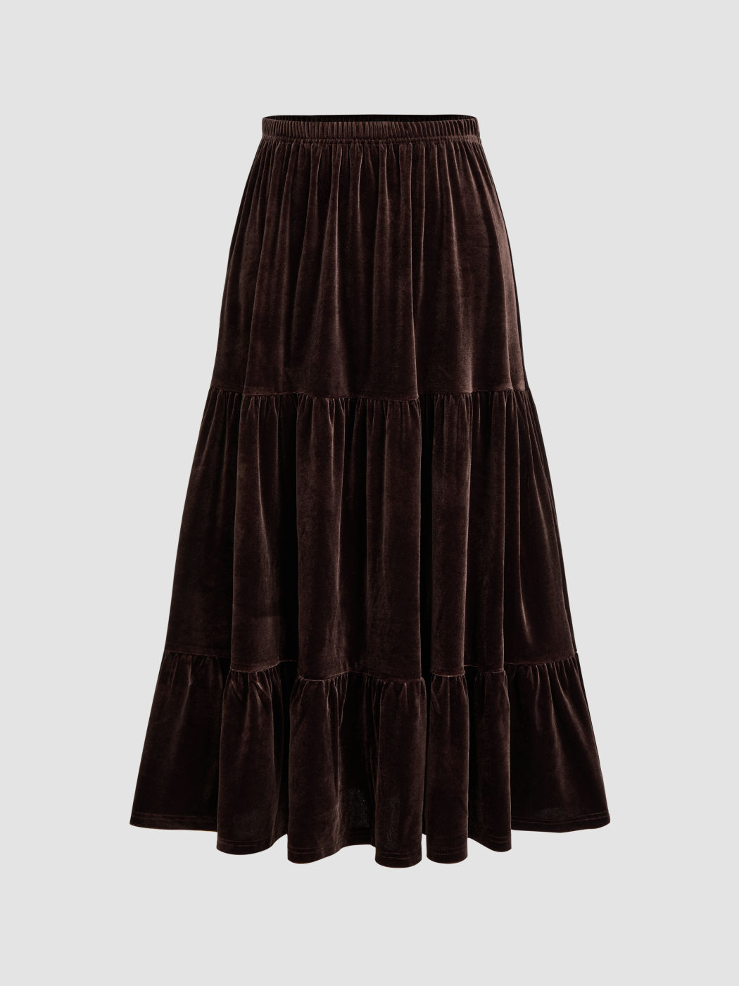 Velvet Mid Rise Ruffle Maxi Skirt