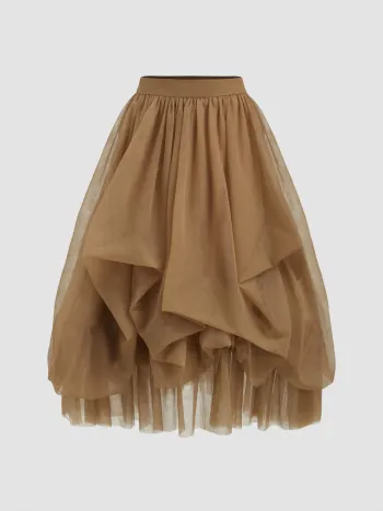 Voluminous Mesh Mid Rise Ruffle Tulle Maxi Skirt