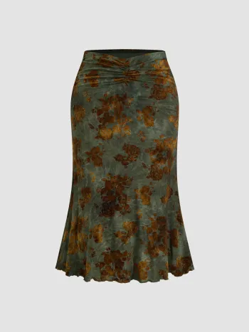 Mid Rise Floral Ruched Maxi Skirt Curve & Plus