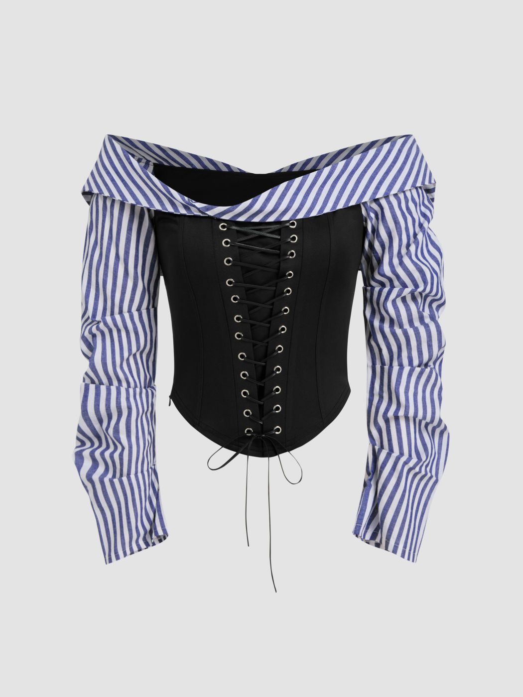 Off-shoulder Striped Patched Lace Up Blouse