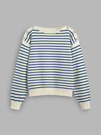 Knit Boat Neck Striped Button Sweater