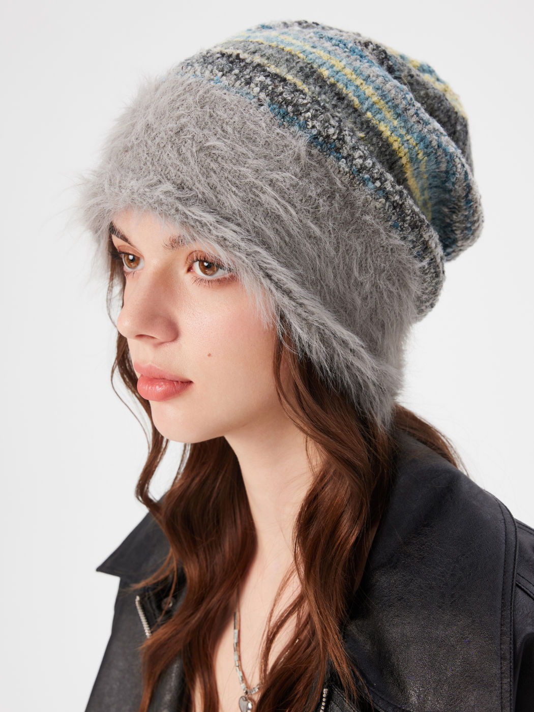 FUZZY STRIPED BEANIE HAT