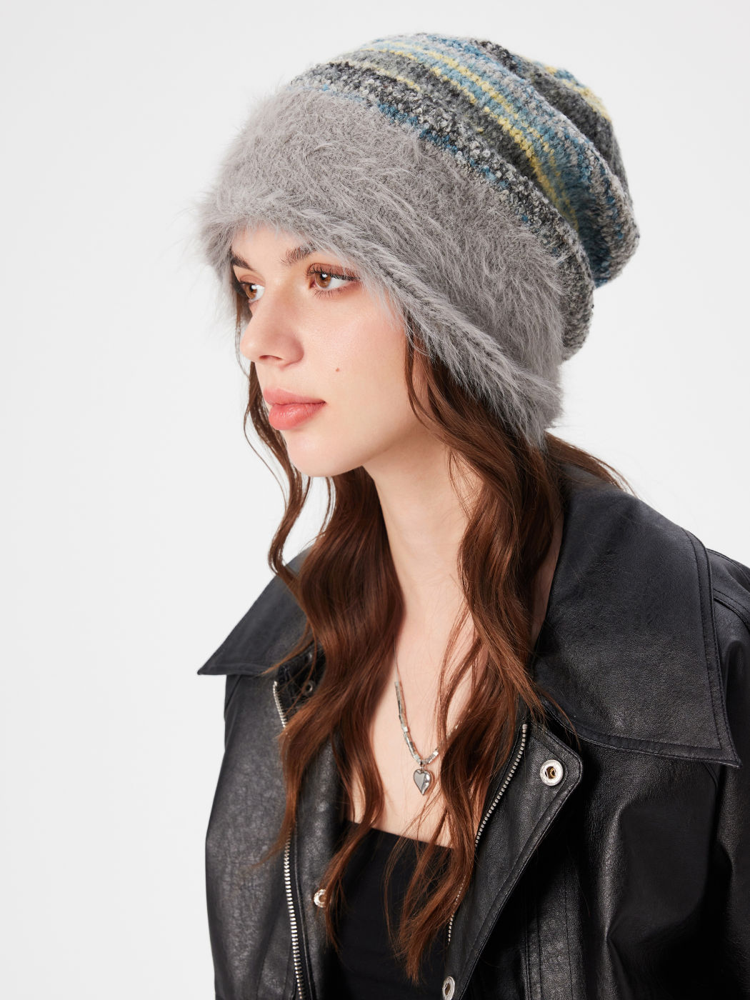 FUZZY STRIPED BEANIE HAT
