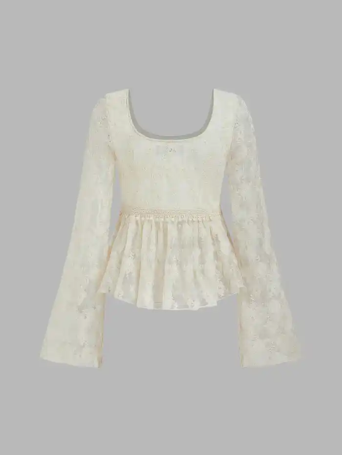 Cotton-blend Lace Ruffle Bell Sleeve Blouse