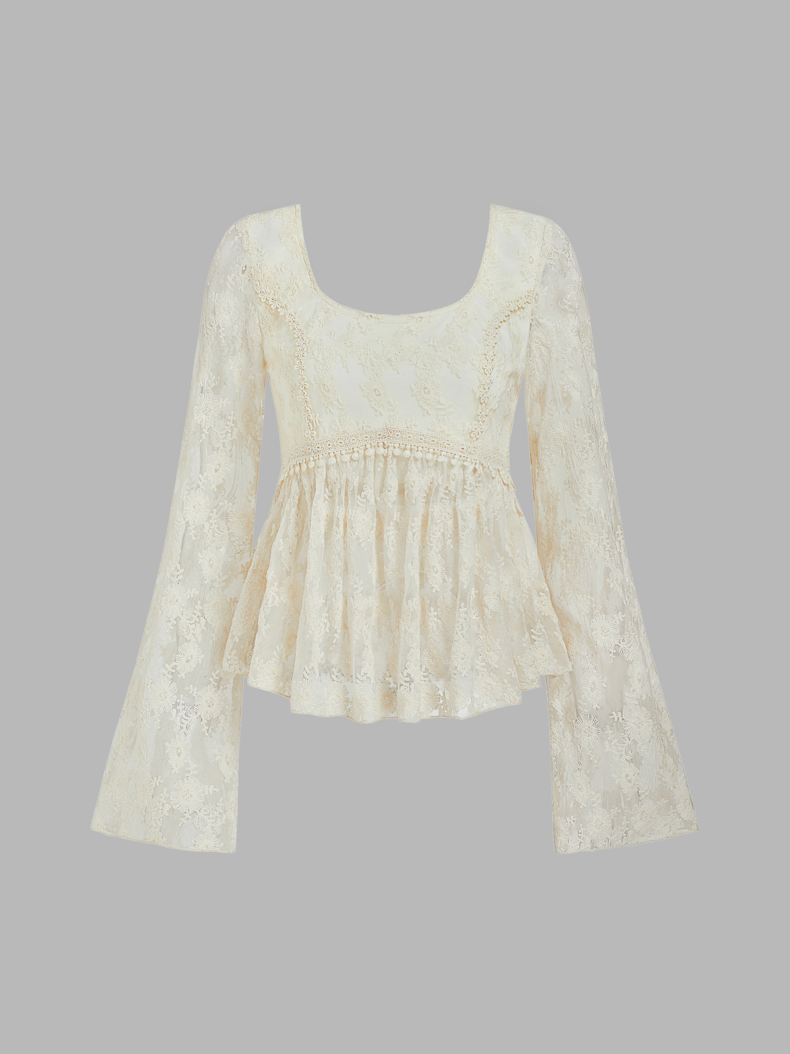 Woven Cotton-blend Lace Ruffle Bell Sleeve Blouse For Date Vacation