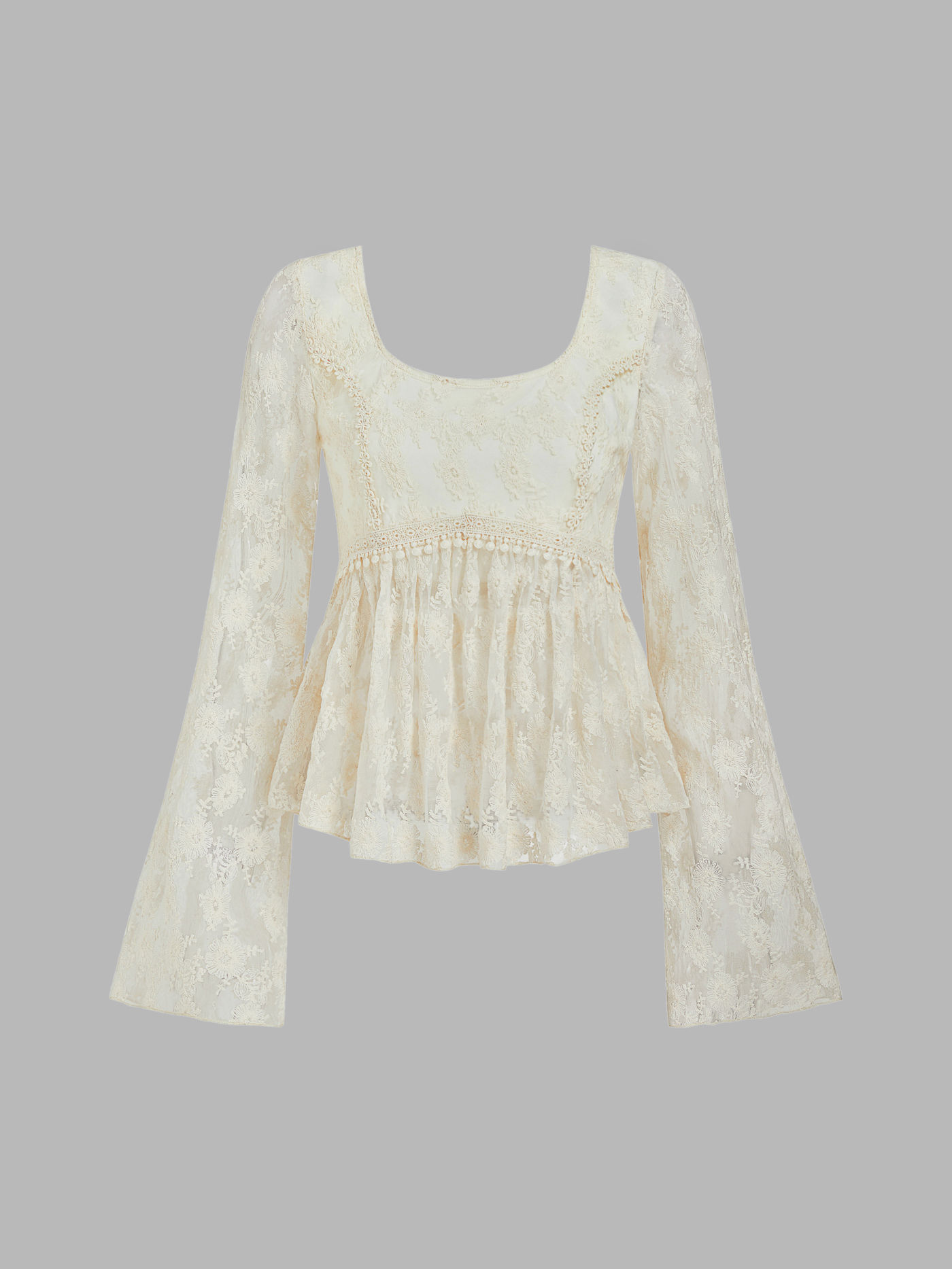Cotton-blend Lace Ruffle Bell Sleeve Blouse