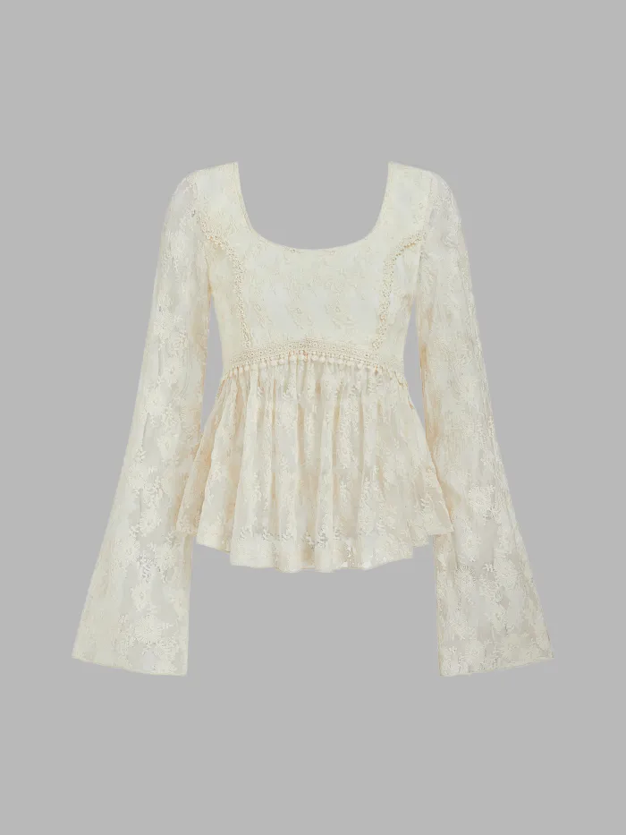Cotton-blend Lace Ruffle Bell Sleeve Blouse