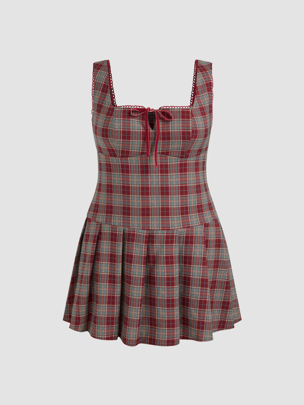 Square Neck Plaid Bowknot Pleated Mini Dress Curve & Plus