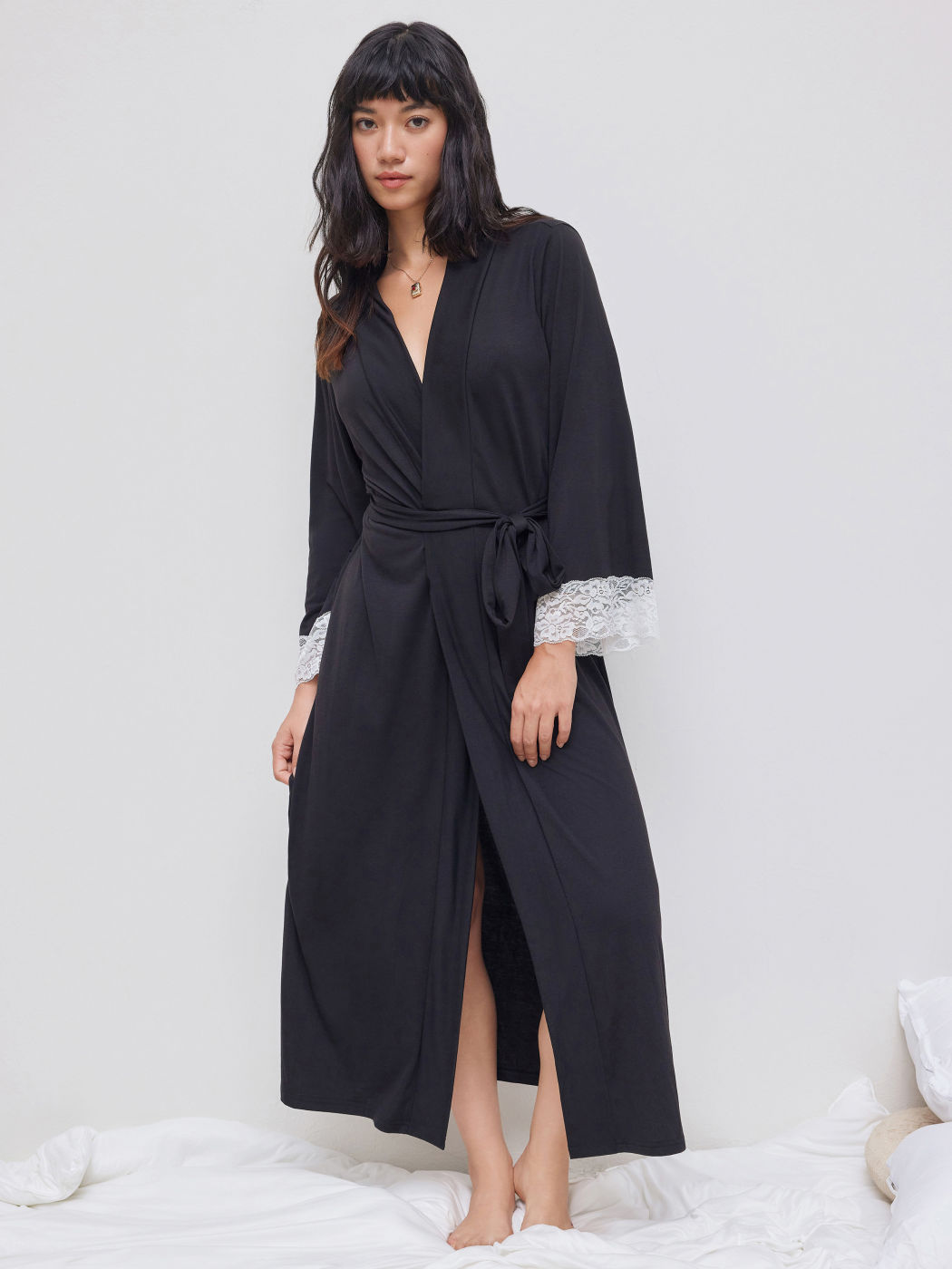 V-neck Lace Trim Oversized Robe With Belt