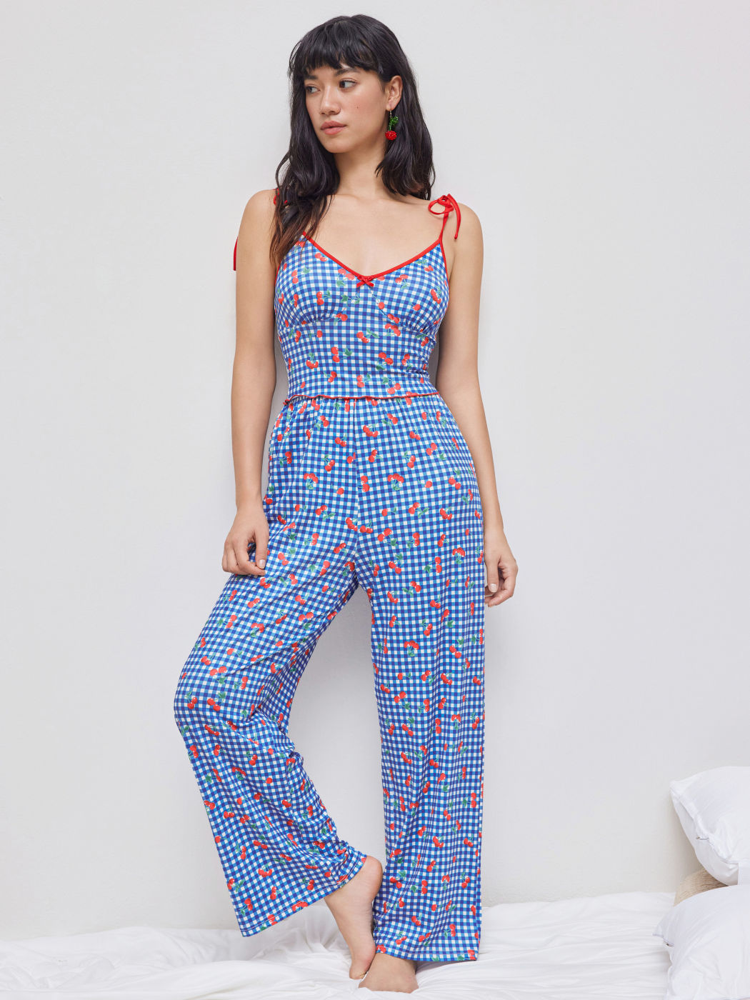 Cotton-blend V-neck Gingham Cherry Bowknot Knotted Crop Cami Top & Mid Rise Straight Leg Trousers Pajama Set