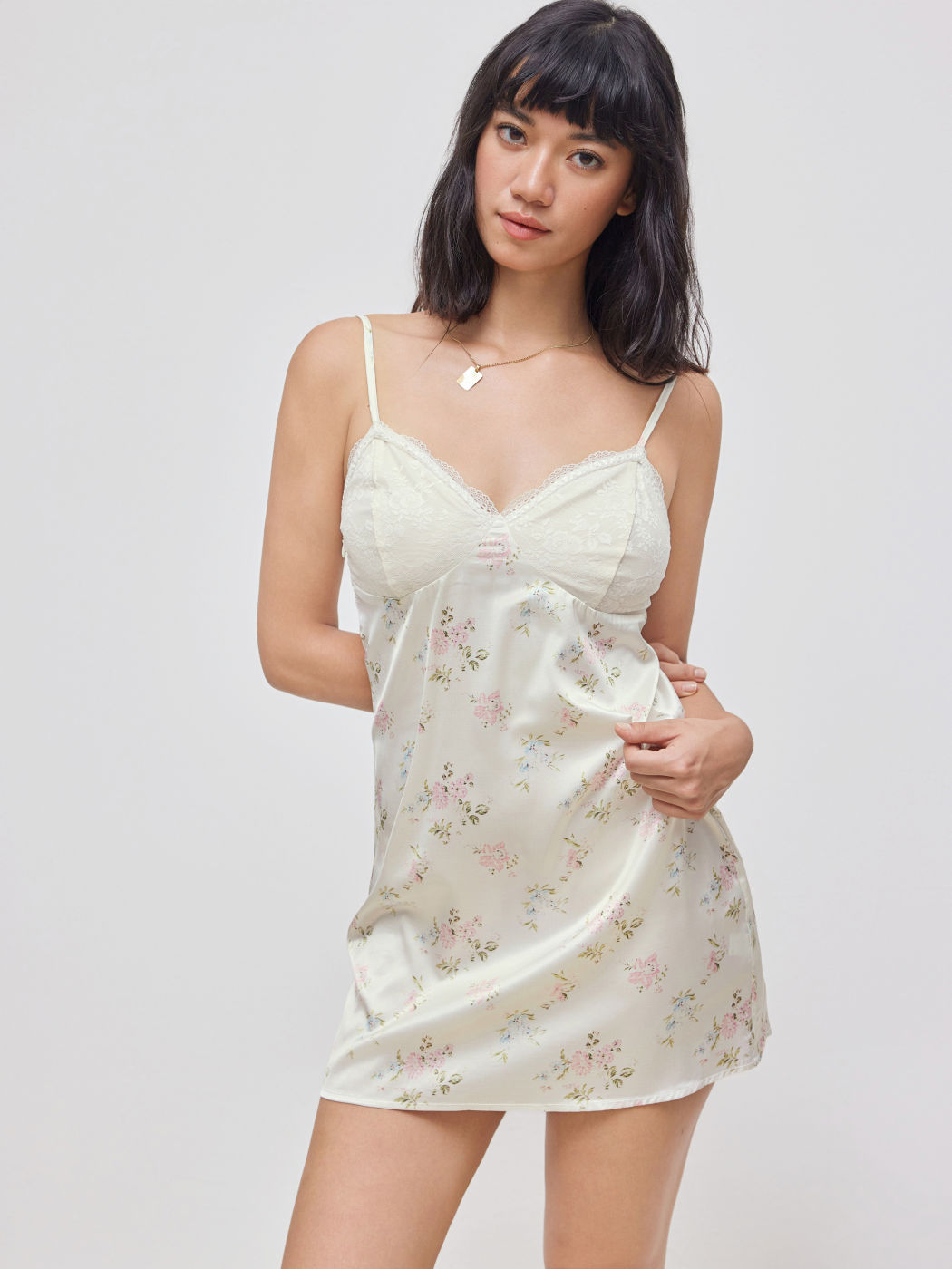 Satin V-neck Floral Lace Trim Mini Nightdress