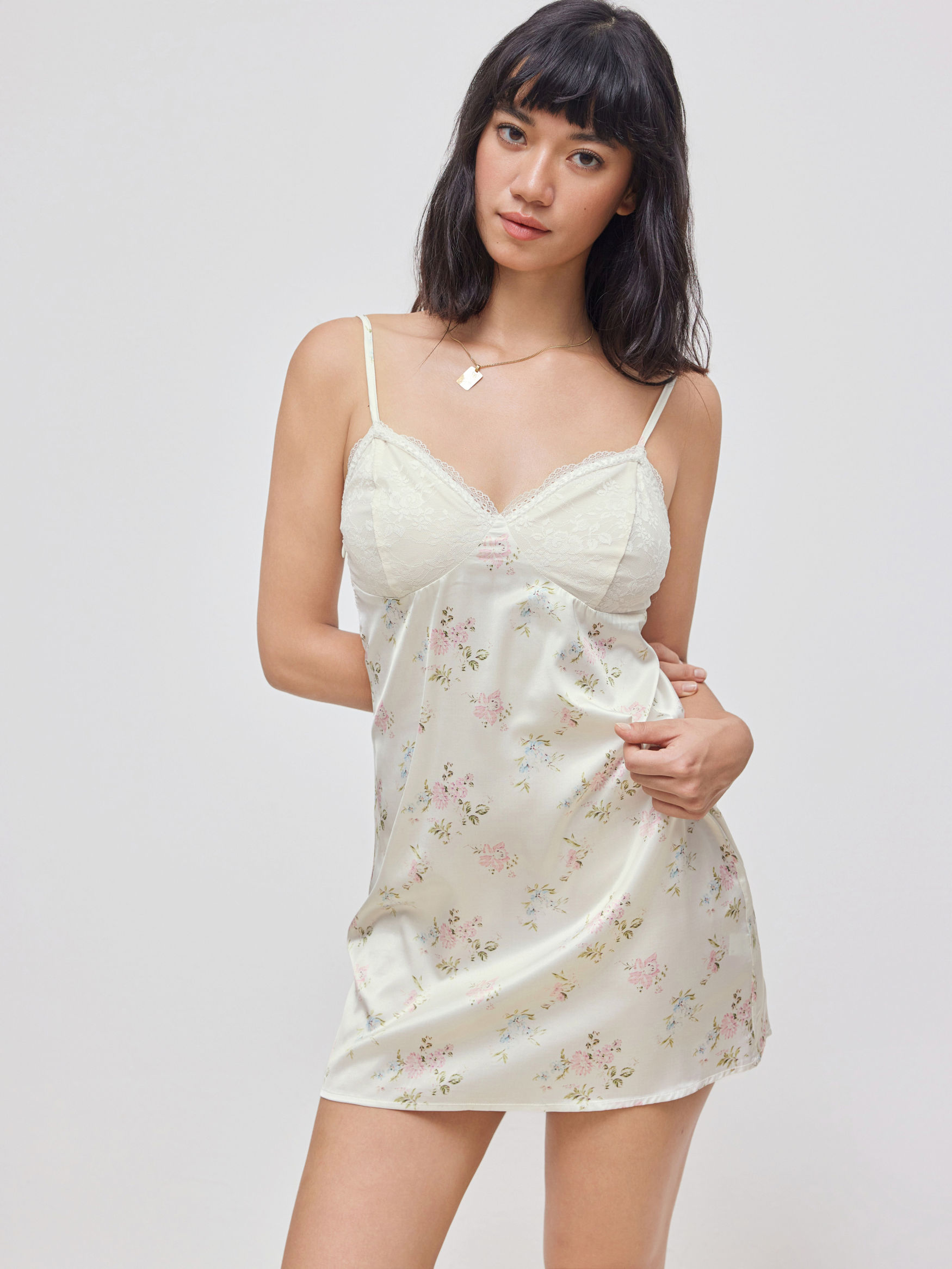 Satin V-neck Floral Lace Trim Mini Nightdress