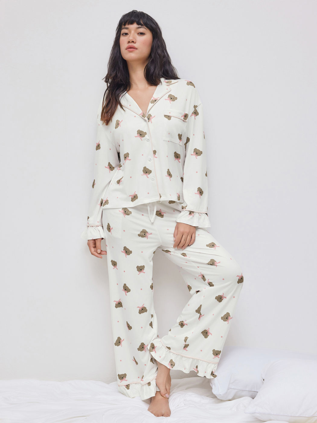 Collar Bow Bear Graphic Top & Mid Rise Trousers Loungewear Set