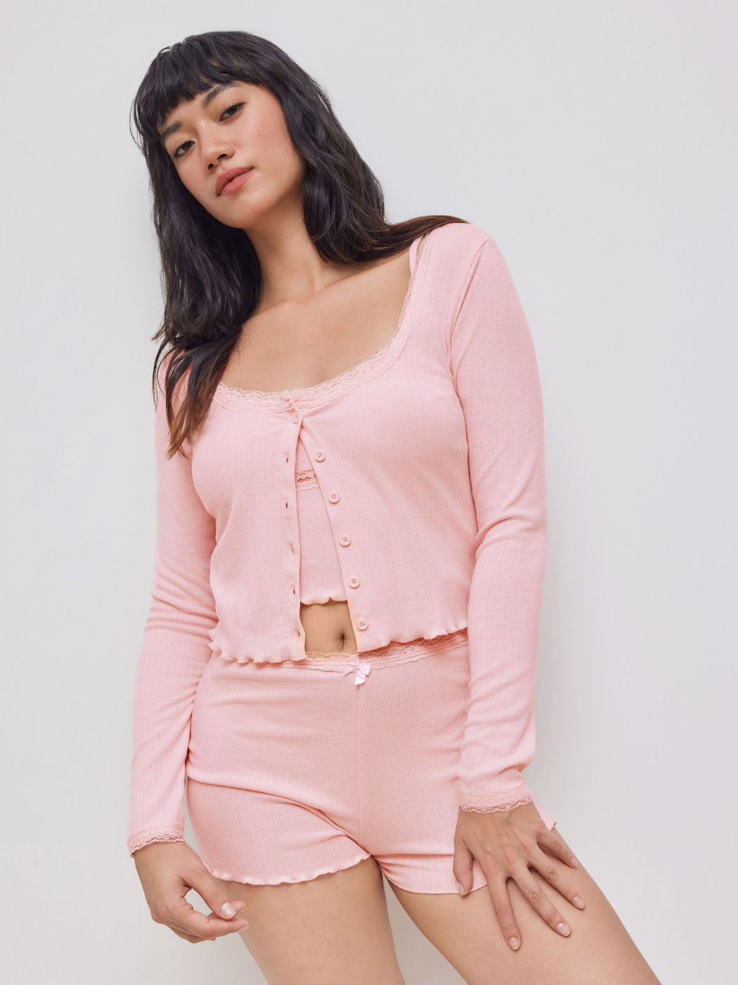 Spitzenbesatz Cropped Cami Top mit Shrug & Mid Rise Shorts Loungewear Set