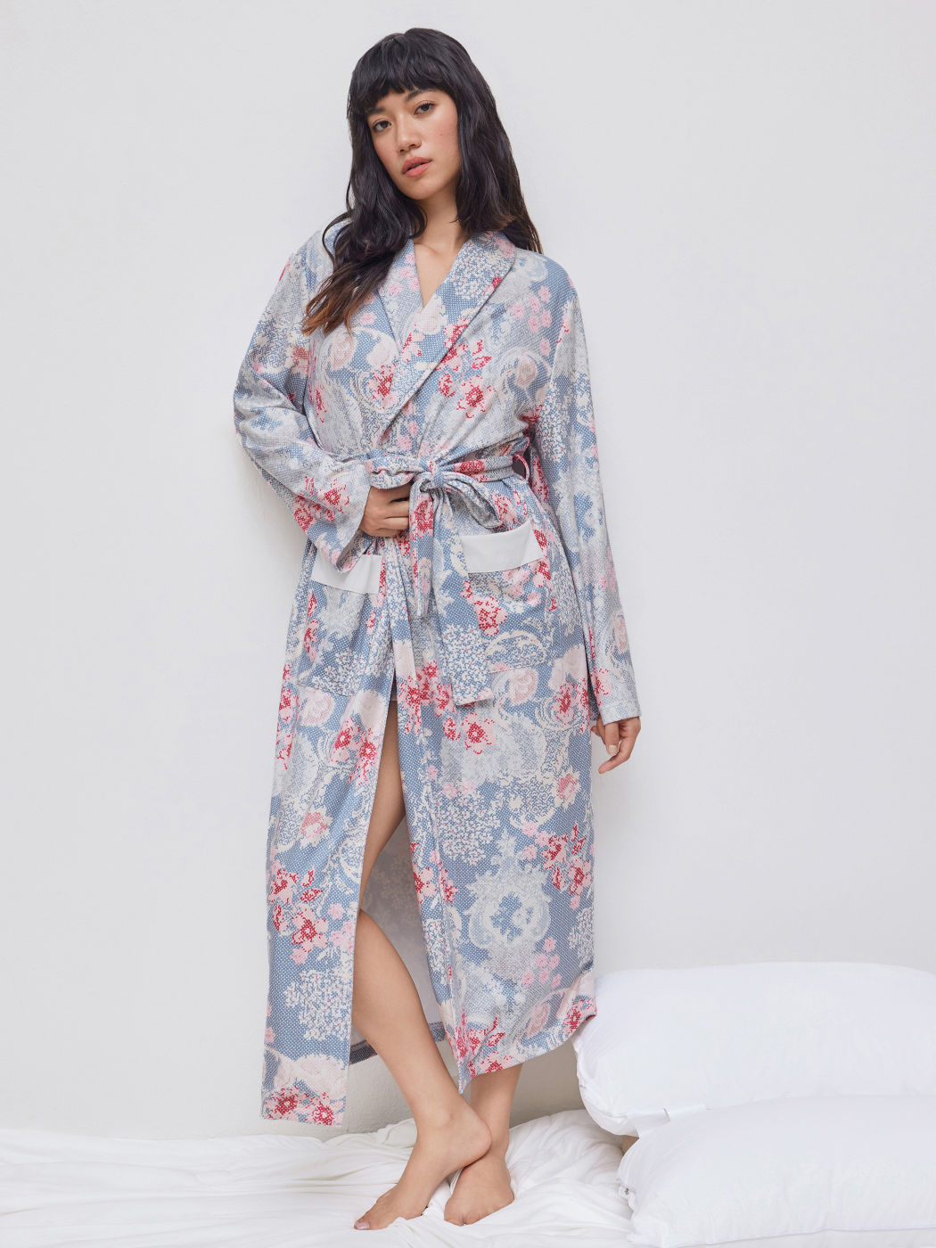 Kord-V-Ausschnitt Blumen-Robe mit Gürtel